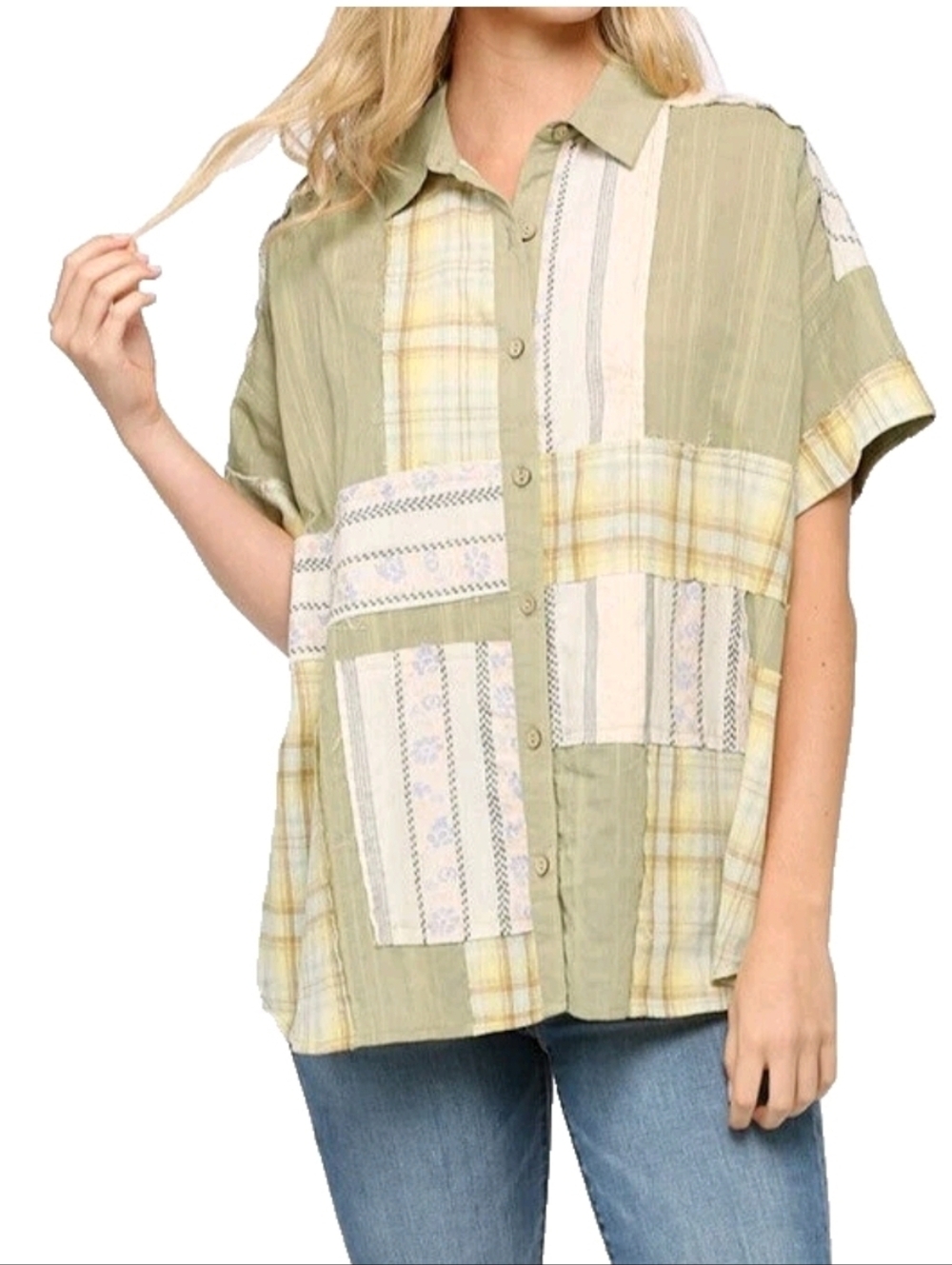 GiGio Patchwork Button-Up Blouse | Size M NWT